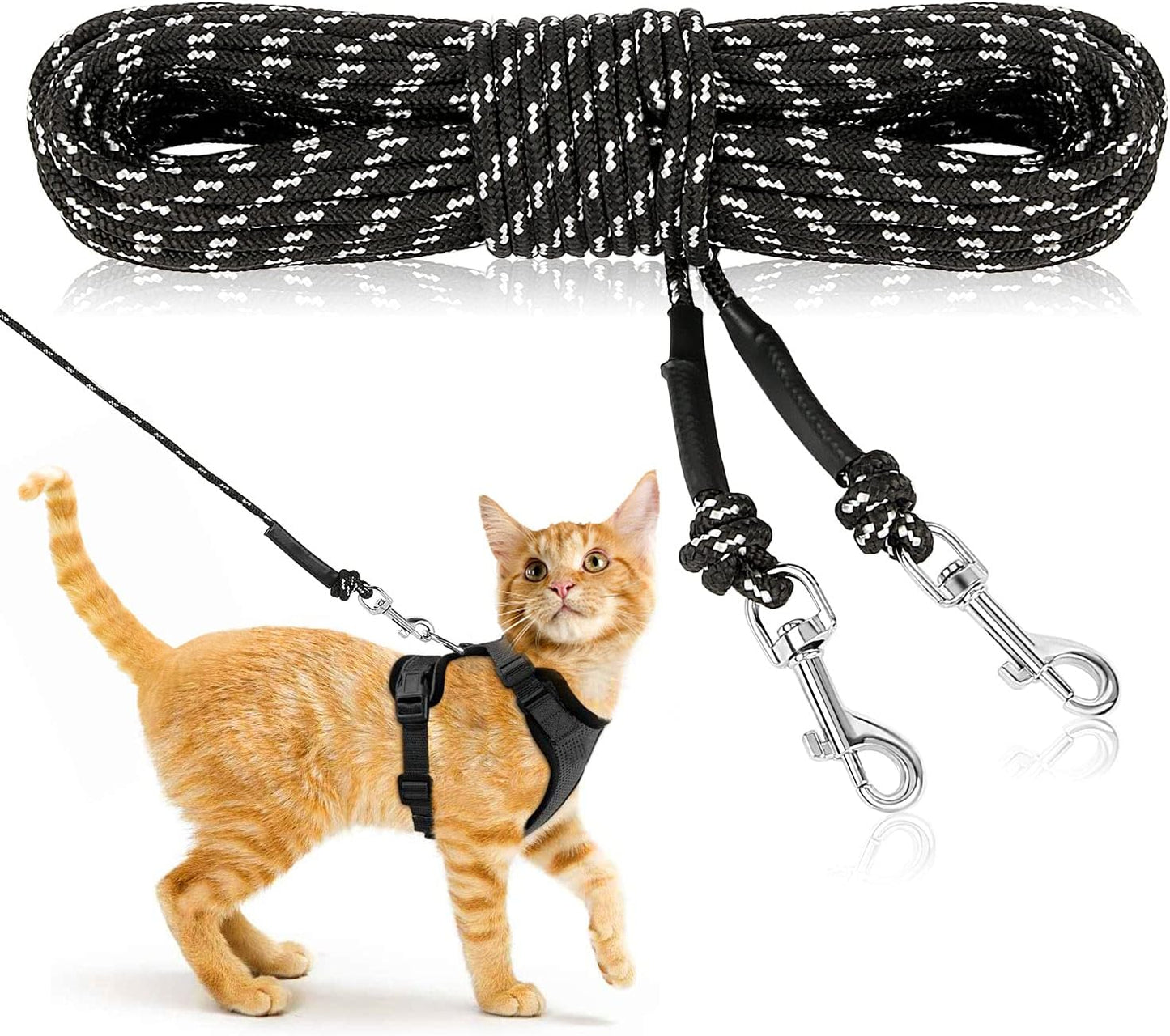 Reflective Cat Long Leash - 15 FT Escape Proof Walking Leads Yard Long Leash Durable Safe Personalized Extender Leash Traning Play Outdoor for Kitten, Puppy, Rabbit and Small Animals