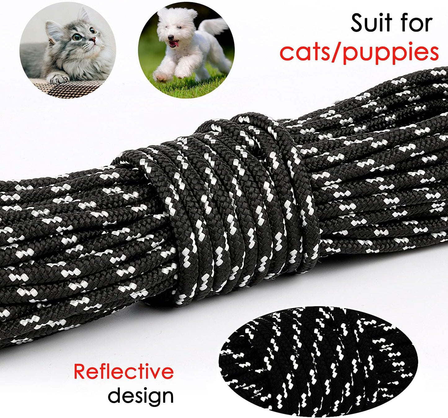 Reflective Cat Long Leash - 15 FT Escape Proof Walking Leads Yard Long Leash Durable Safe Personalized Extender Leash Traning Play Outdoor for Kitten, Puppy, Rabbit and Small Animals
