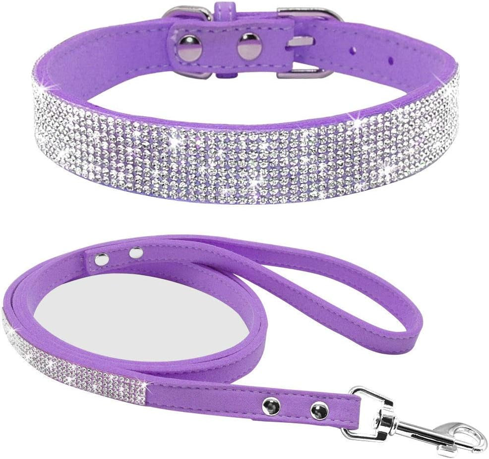 Cute Dazzling Sparkling Elegant Fancy Soft Suede Leather Bling Rhinestone Crystal Jeweled Pet Cat Dog Puppy Collar Dog Leash Combo Set